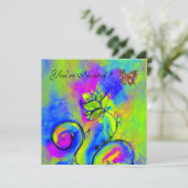 Invitation FLEURS & PAPILLONS fantaisistes violet bleu vert (Debout devant)