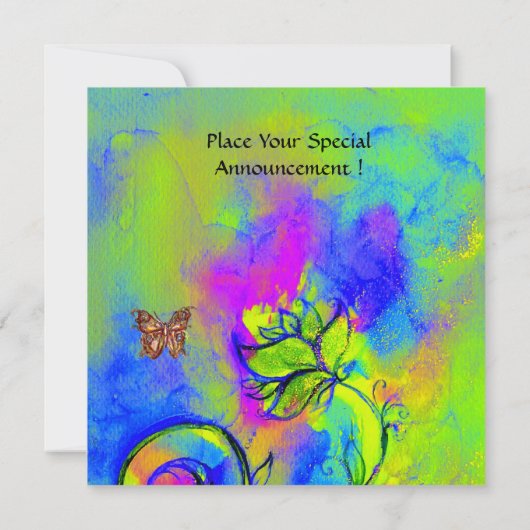 Invitation FLEURS & PAPILLONS fantaisistes violet bleu vert (Dos)