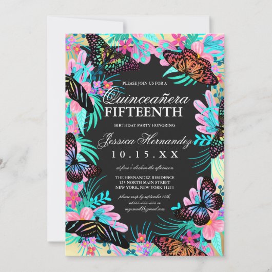 Invitation Fleurs papillons Feuille Aquarelle Quinceañera (Devant)