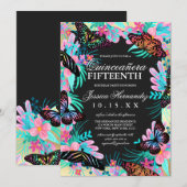 Invitation Fleurs papillons Feuille Aquarelle Quinceañera (Devant / Derrière)