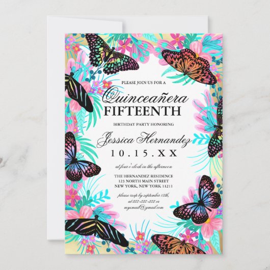 Invitation Fleurs papillons Feuille Aquarelle Quinceañera (Devant)