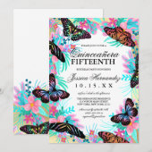 Invitation Fleurs papillons Feuille Aquarelle Quinceañera (Devant / Derrière)