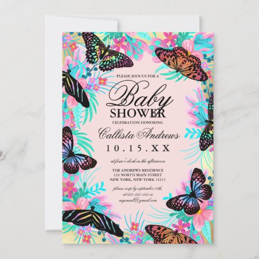 Invitation Fleurs papillons Feuille Baby shower d'aquarelle (Devant)