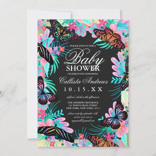 Invitation Fleurs papillons Feuille Baby shower d'aquarelle (Devant)