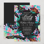 Invitation Fleurs papillons Feuille Baby shower d'aquarelle (Devant / Derrière)