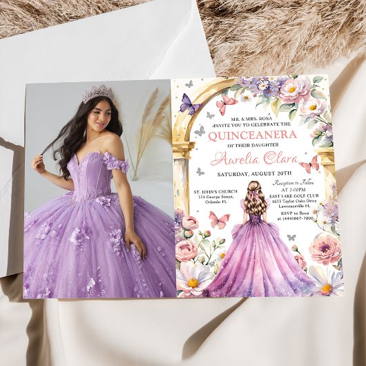 Invitation Fleurs Papillons Lilac Princesse Quinceañera