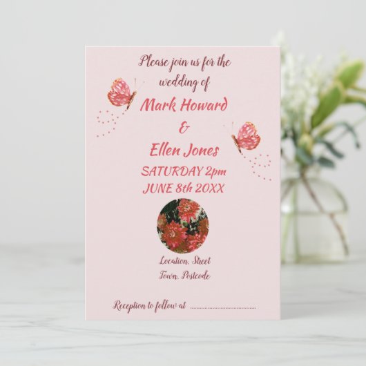 Invitation Fleurs papillons Mariage corail (Debout devant)