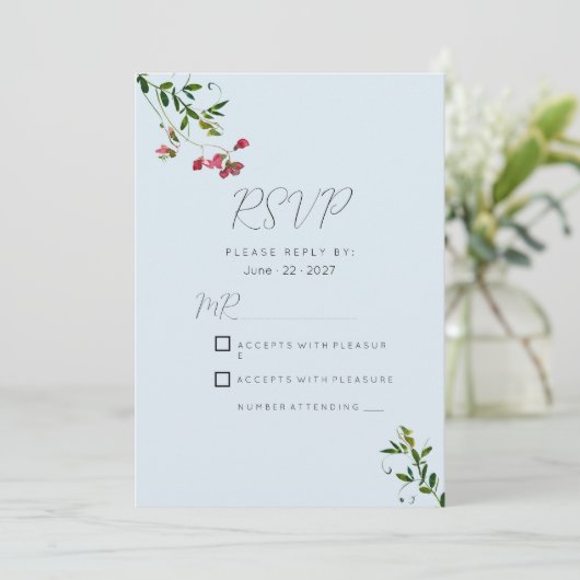 Invitation Fleurs pastel bleu rose rouge vert RSVP (Debout devant)