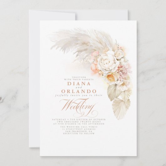 Invitation Fleurs Pastel Douces Mariage en herbe Pampas Botan (Devant)
