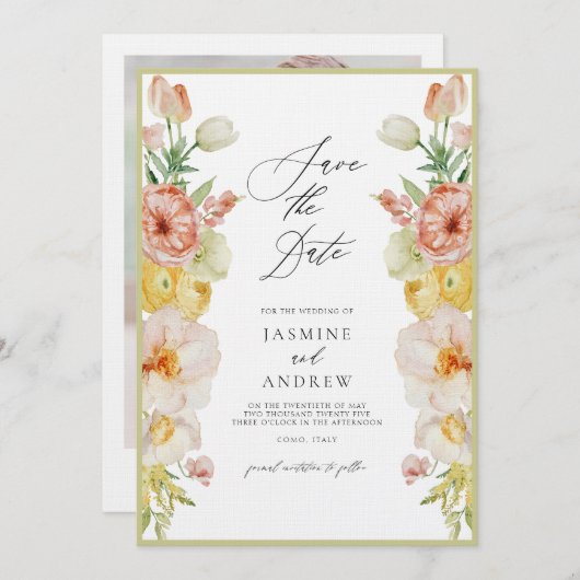 Invitation Fleurs Pastel en Blush et Peach Enregistrer la dat (Devant / Derrière)