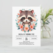 Invitation Fleurs Pastel Raccoon Fille Anniversaire (Debout devant)