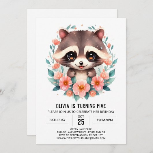 Invitation Fleurs Pastel Raccoon Fille Anniversaire (Devant / Derrière)