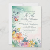 Invitation Fleurs pastel rose jaune sarcelle 80e anniversaire (Devant)