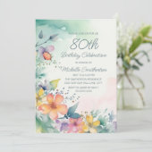 Invitation Fleurs pastel rose jaune sarcelle 80e anniversaire (Debout devant)