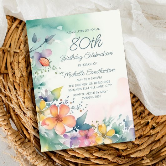 Invitation Fleurs pastel rose jaune sarcelle 80e anniversaire