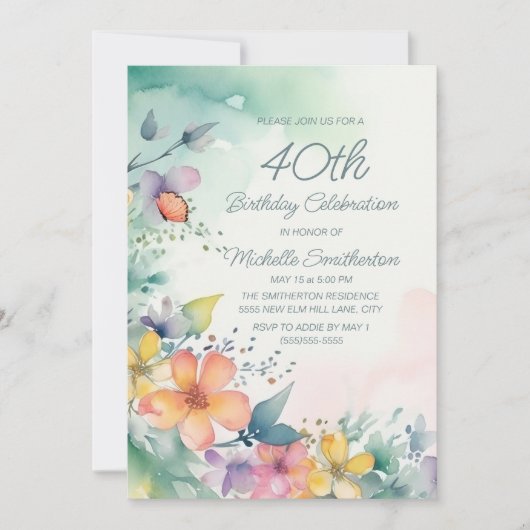 Invitation Fleurs pastel rose sarcelle jaune 40e anniversaire (Devant)