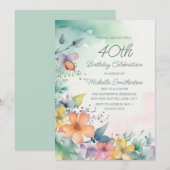 Invitation Fleurs pastel rose sarcelle jaune 40e anniversaire (Devant / Derrière)