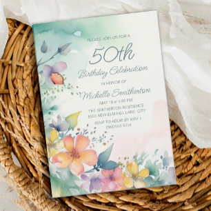 Invitation Fleurs pastel rose sarcelle jaune 50e anniversaire