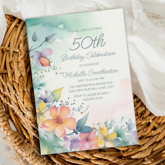 Invitation Fleurs pastel rose turquoise 50e anniversaire