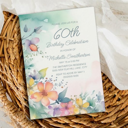 Invitation Fleurs pastel rose turquoise 60e anniversaire