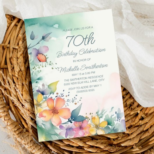 Invitation Fleurs pastel rose turquoise 70e anniversaire