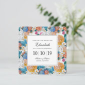 Invitation Fleurs peintes à la main bleue et orange - Bridesm (Debout devant)