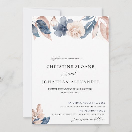 Invitation Fleurs peintes à la main | Mariage bleu et blanc (Devant)