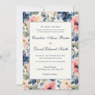 Invitation Fleurs peintes à l'aquarelle Rose Bleu Vert Mariag