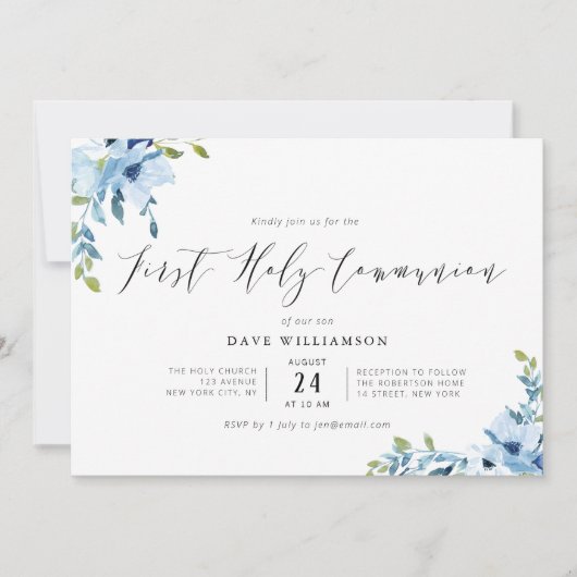 Invitation Fleurs peintes bleues première communion (Devant)