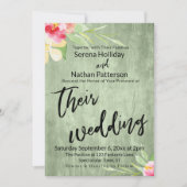 Invitation Fleurs peintes Bois vert Décontracté Script Mariag (Devant)