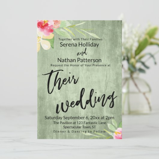 Invitation Fleurs peintes Bois vert Décontracté Script Mariag (Debout devant)
