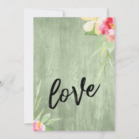 Invitation Fleurs peintes Bois vert Décontracté Script Mariag (Dos)