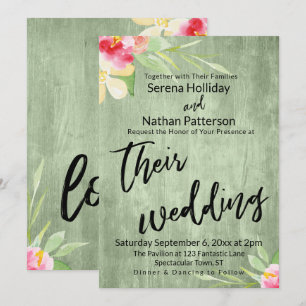 Invitation Fleurs peintes Bois vert Décontracté Script Mariag