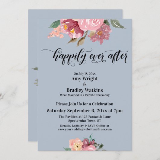 Invitation Fleurs peintes en rose Heureux à tout jamais Bleu (Devant / Derrière)