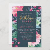 Invitation Fleurs peintes et Script or chic fête d'anniversai (Devant)