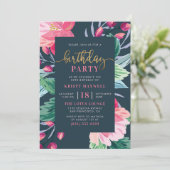 Invitation Fleurs peintes et Script or chic fête d'anniversai (Debout devant)