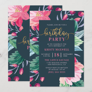 Invitation Fleurs peintes et Script or chic fête d'anniversai
