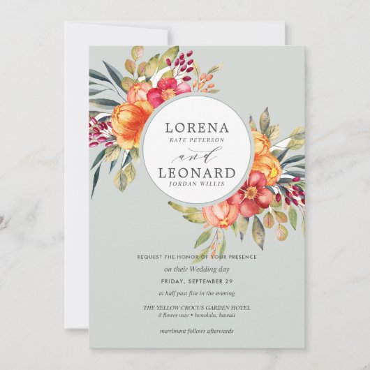 Invitation Fleurs peintes monogramme couronne mariage gris cl (Devant)