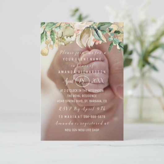 Invitation Fleurs photo baby shower Brunch Spark Gold (Debout devant)