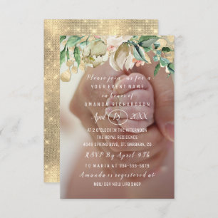Invitation Fleurs photo baby shower Brunch Spark Gold