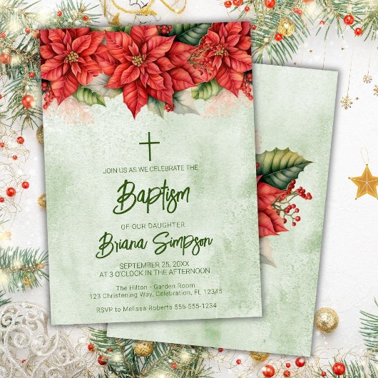 Invitation Fleurs Poinsettia de Noël Baptême floral
