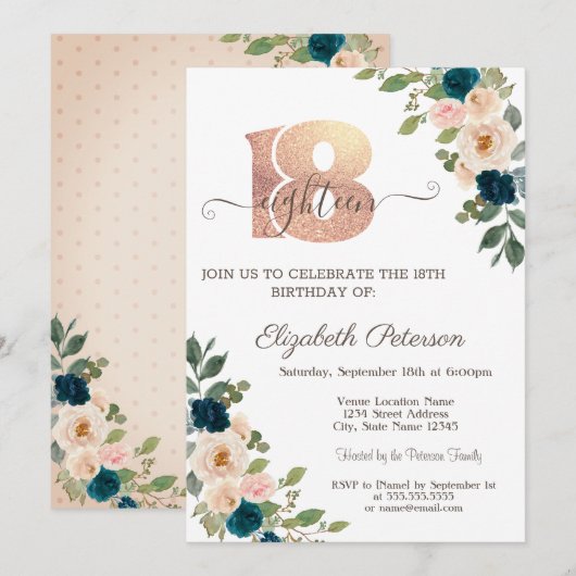 Invitation Fleurs Points Polka 18e Anniversaire (Devant / Derrière)
