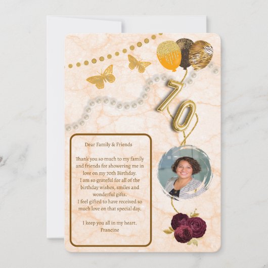 Invitation Fleurs pour 70e anniversaire & ballon en or avec m (Devant)