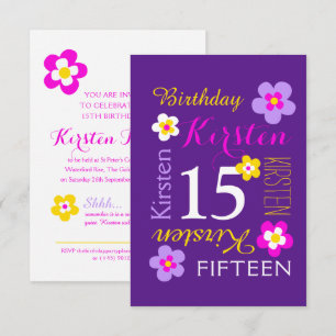 Invitation fleurs pour les 15 ans jaune rose violet surprise