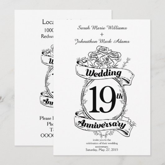 Invitation Fleurs pour les 19 ans de mariage (Devant / Derrière)