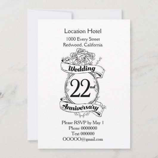 Invitation Fleurs pour les 22 ans d'anniversaire de mariage (Dos)