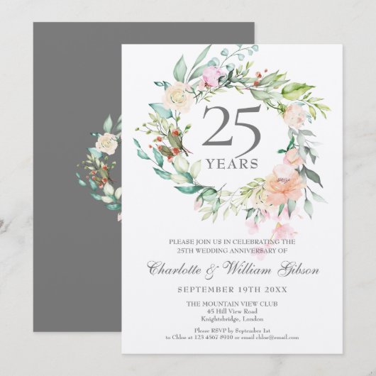 Invitation Fleurs pour les 25 ans de mariage (Devant / Derrière)