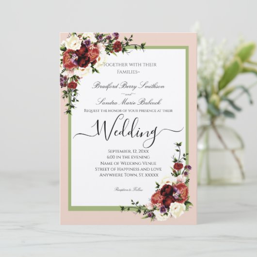 Invitation Fleurs pourpres Automne Terracotta Crème Bourgogne (Debout devant)