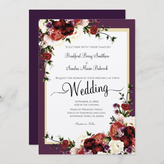 Invitation Fleurs pourpres Automne Terracotta Crème Bourgogne (Devant / Derrière)