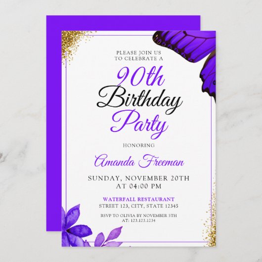 Invitation Fleurs pourpres Classy 90e anniversaire (Devant / Derrière)